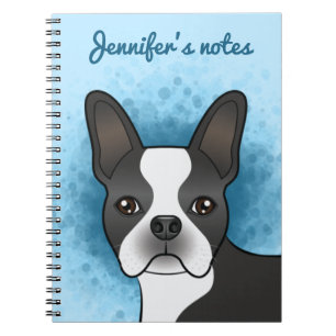 Schwarz-weißer Boston-Terrier-Cartoon-Hund auf Bla Notizblock