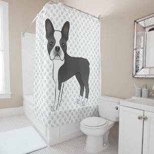 Schwarz-weißer Boston-Terrier-Cartoon-Hund & Pfote Duschvorhang