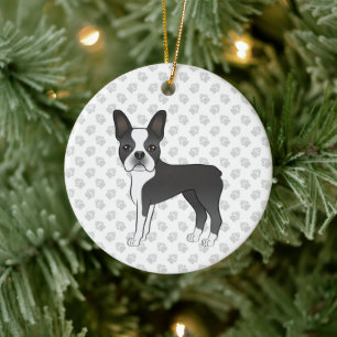 Schwarz-weißer Boston-Terrier-Cartoon-Hund & Pfote Keramik Ornament