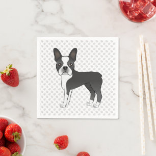 Schwarz-weißer Boston-Terrier-Cartoon-Hund & Pfote Serviette