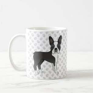 Schwarz-weißer Boston-Terrier-Cartoon-Hund und Pfo Kaffeetasse