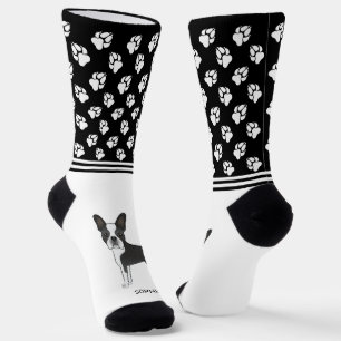 Schwarz-weißer Boston Terrier mit Namen und Pfoten Socken