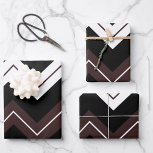 Schwarz-weißer brauner Zickzack Streifen Geschenkpapier Set