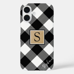 Schwarz-weißer Buffalo-Karierter Name für Monogram iPhone 16 Hülle