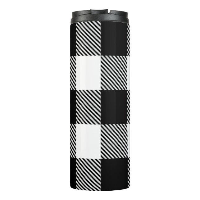 Schwarz-weißer Büffel kariert mit Twill Thermosbecher (Rückseite)