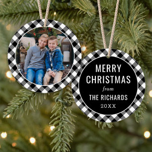 Schwarz-weißer Büffel-Karo-Familienname-Foto Ornament