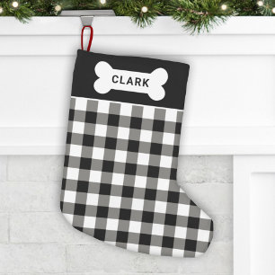 Schwarz-weißer Büffel-Karo-Hundeknochen-Monogramm Kleiner Weihnachtsstrumpf