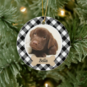 Schwarz-weißer Büffel-Karo-Weihnachts-Hundefoto Keramik Ornament