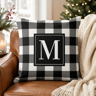 Schwarz-weißer Büffel-Karo-Weihnachtsmonogramm Kissen