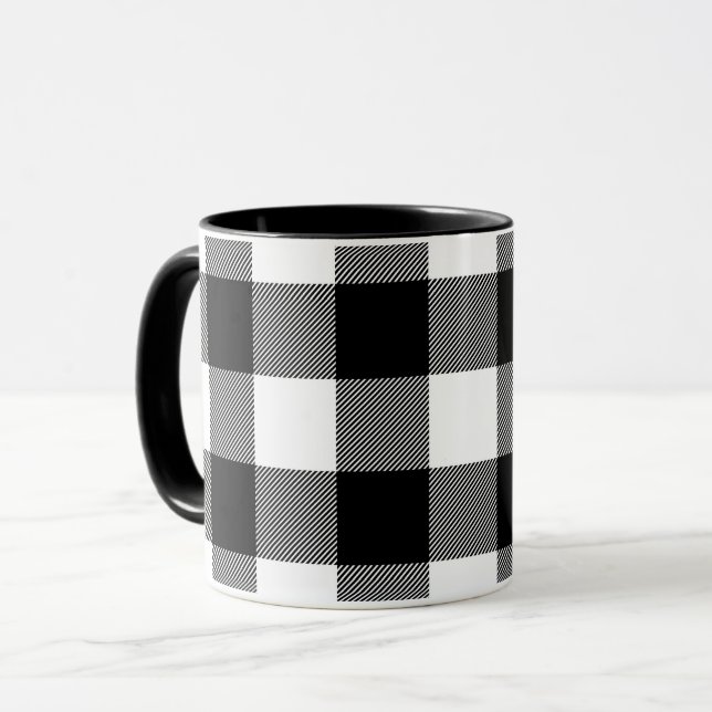 Schwarz-weißer Büffel-Karostoff  Tasse (Vorderseite Links)