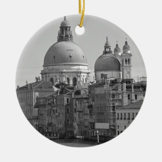 Schwarz-weißer Canal Venedig Italien Reisen Keramik Ornament (Vorne)