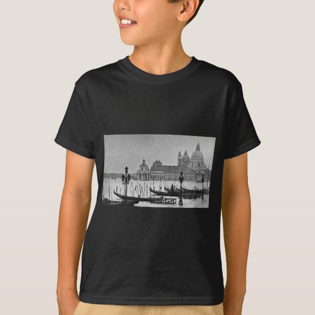 Schwarz-weißer Canal Venedig Italien Reisen T-Shirt (Vorderseite)