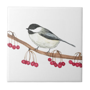 Schwarz-weißer Chickadee-Vogel Wildlife-Aquarell  Fliese