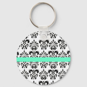 SCHWARZ-WEISSER DAMASK FLORAL AQUE BLAUE AQUAMARIN SCHLÜSSELANHÄNGER