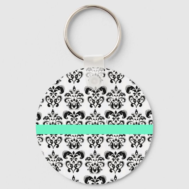 SCHWARZ-WEISSER DAMASK FLORAL AQUE BLAUE AQUAMARIN SCHLÜSSELANHÄNGER (Vorderseite)