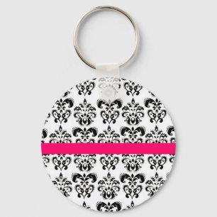 SCHWARZ-WEISSER DAMASK FLORAL PINK FUCHSIA STRIPE SCHLÜSSELANHÄNGER