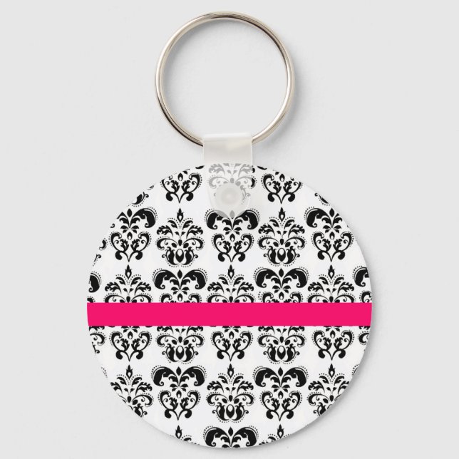 SCHWARZ-WEISSER DAMASK FLORAL PINK FUCHSIA STRIPE SCHLÜSSELANHÄNGER (Vorderseite)
