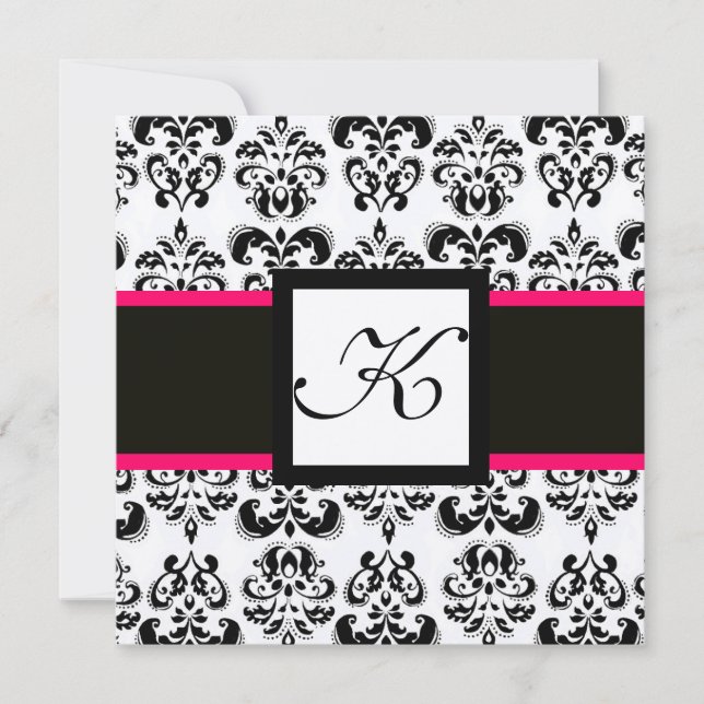 SCHWARZ-WEISSER DAMASK MONOGRAM Champagne Metallis Einladung (Vorderseite)
