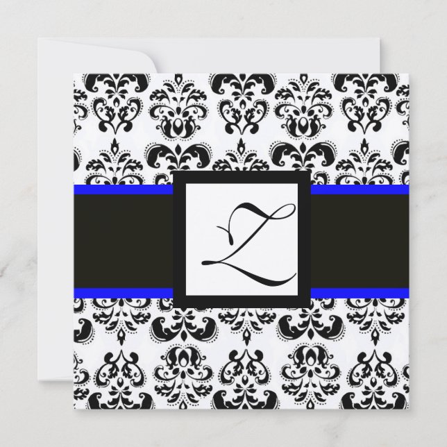 SCHWARZ-WEISSER DAMASK MONOGRAM Champagne Metallis Einladung (Vorderseite)