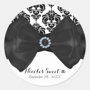 Schwarz-weißer Damast-Bling-Bogen-Glamour-Sweet-16 Runder Aufkleber
