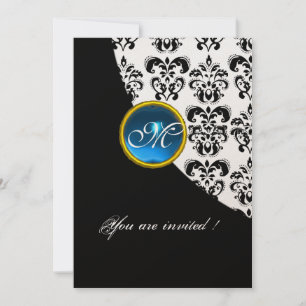 SCHWARZ-WEIßER DAMAST-MONOGRAMM,blauer Saphir Gold Einladung