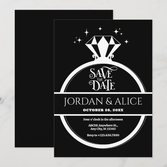 Schwarz-weißer Diamantring  Save The Date (Vorne/Hinten)