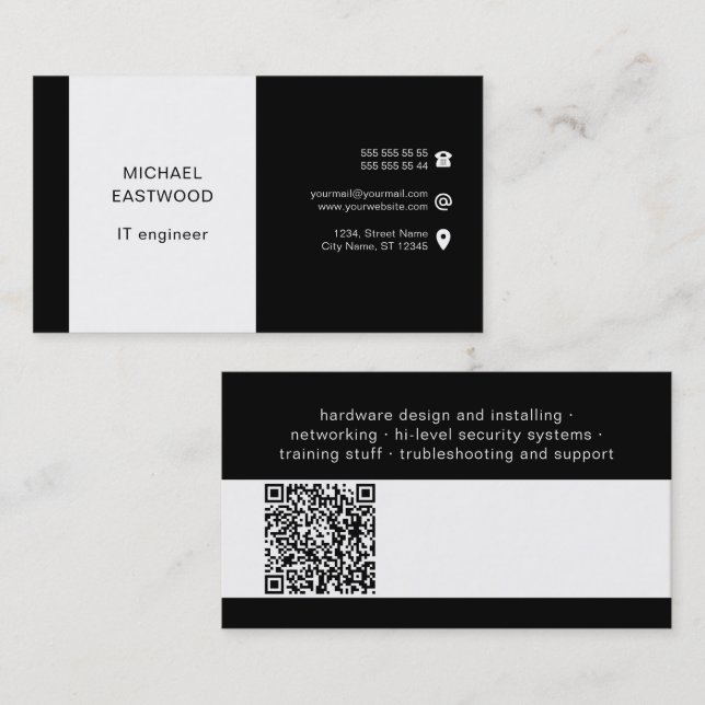 Schwarz-weißer einfacher Beruflicher QR-Code Visitenkarte (Vorne/Hinten)