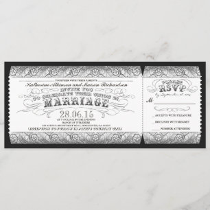Schwarz-weißer Eintrittskarte für die Hochzeit Einladung