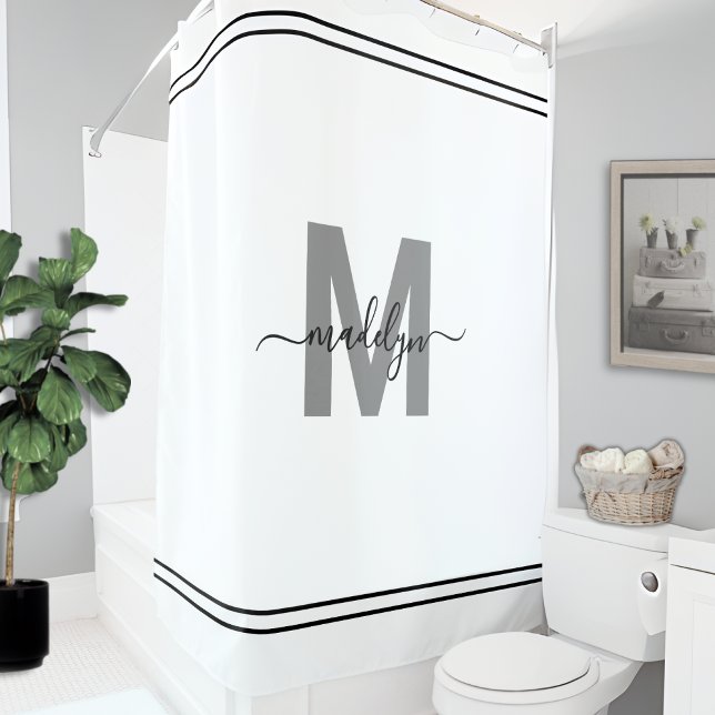 Schwarz-weißer Elegantenname Anfangsmonogramm Duschvorhang (Elegant Name Initial Monogram Black White Shower Curtain)