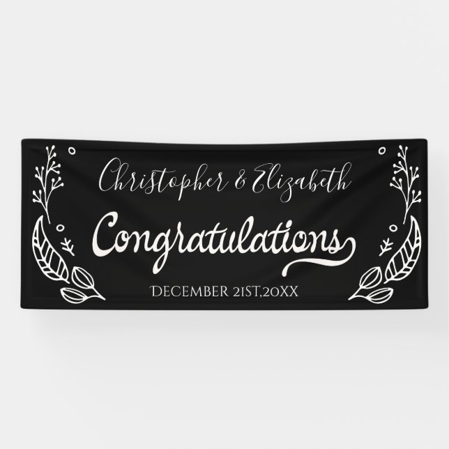 Schwarz-weißer Eleganter Chic Hochzeitsgratulation Banner (Horizontal)