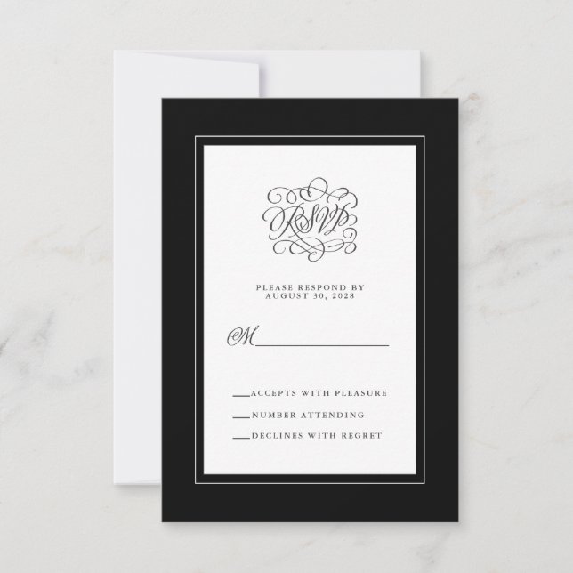 Schwarz-weißer eleganter Hochzeitstil RSVP Karte (Vorderseite)