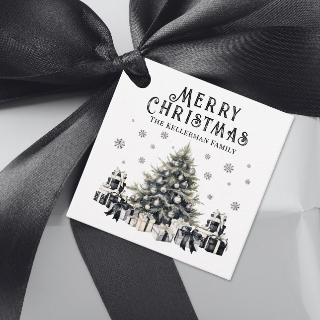 Schwarz-weißer eleganter Weihnachtsbaum Geschenkanhänger (Black White Elegant Christmas Tree Favor Tags)