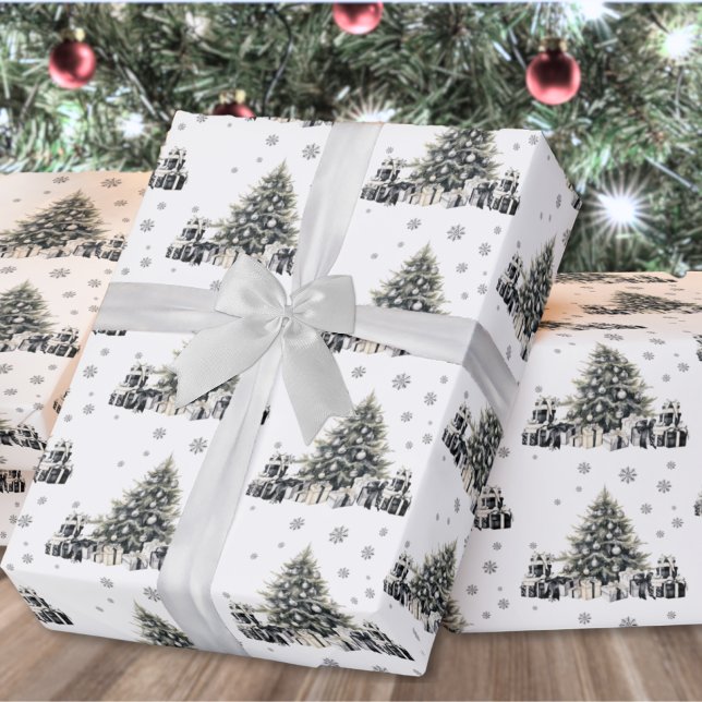 Schwarz-weißer eleganter Weihnachtsbaum Geschenkpapier (Black White Elegant Christmas Tree Wrapping Paper)