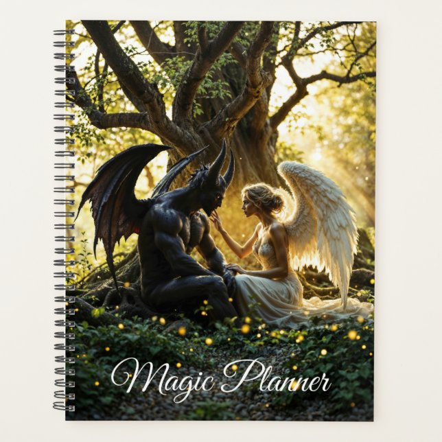 Schwarz-weißer Engeldemon, mystischer Wald Planer (Vorderseite)
