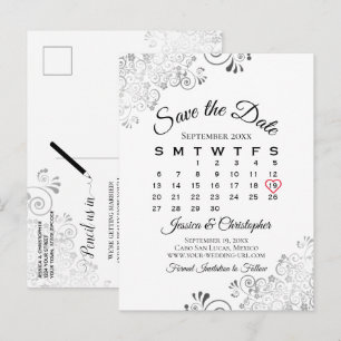 Schwarz-weißer, filigraner Hochzeitskalender zum V Ankündigungspostkarte