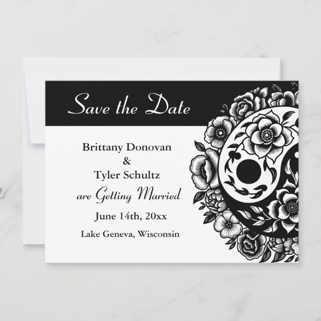 Schwarz-weißer floraler Yin Yang Wedding Save the  Einladung (Vorderseite)