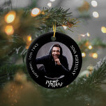 Schwarz-weißer Foto Typ Geburtstag Keramik Ornament<br><div class="desc">Ein klassischer schwarzer Hintergrund. Personalisieren und fügen Sie einen Namen,  Datum,  Alter und Foto.</div>