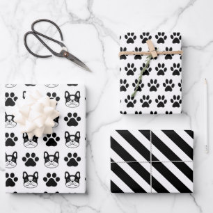 Schwarz-weißer Französische Bulldogge Geschenkpapi Geschenkpapier Set