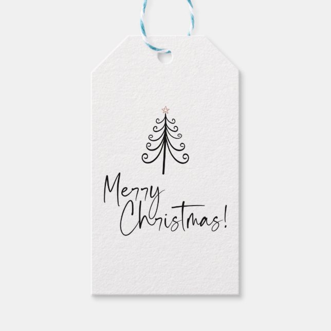 Schwarz-weißer froher Weihnachtsbaum Geschenkanhänger (Vorderseite)