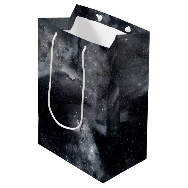 Schwarz-weißer Galaxienebel Mittlere Geschenktüte (Vorderseite Schrägansicht)