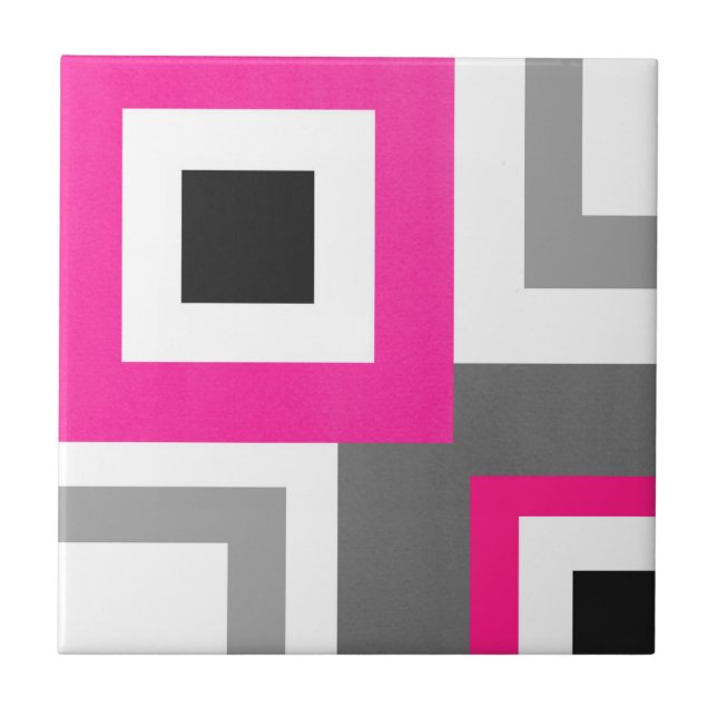 Schwarz-weißer geometrischer Block in Hot Pink, Gr Fliese (Vorderseite)