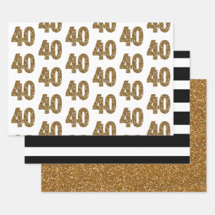 Schwarz-weißer gestreifter Gold-Glitzer 40. Gebur Geschenkpapier Set
