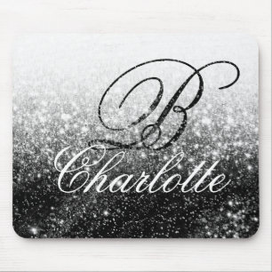 Schwarz-weißer Glitzer Girl-Script-Monogramm-Name Mousepad