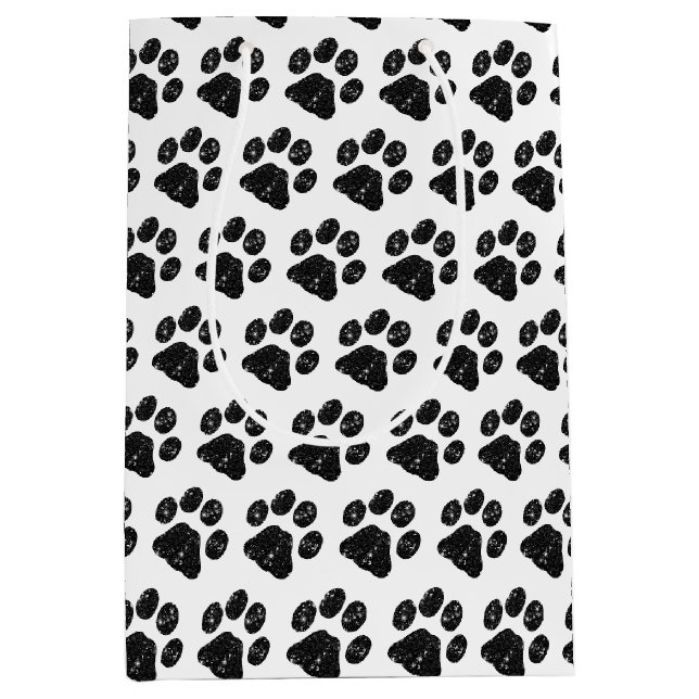 Schwarz-weißer Glitzer Paw Print Mittlere Geschenktüte (Vorderseite)