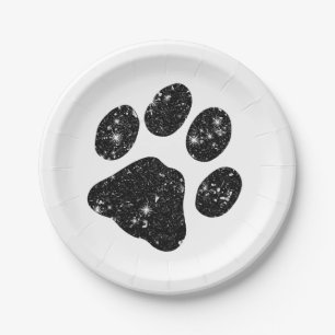 Schwarz-weißer Glitzer Paw Print Pappteller