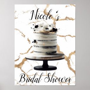 Schwarz-weißer Goldener Blumen-Torten-Bridal-Showe Poster