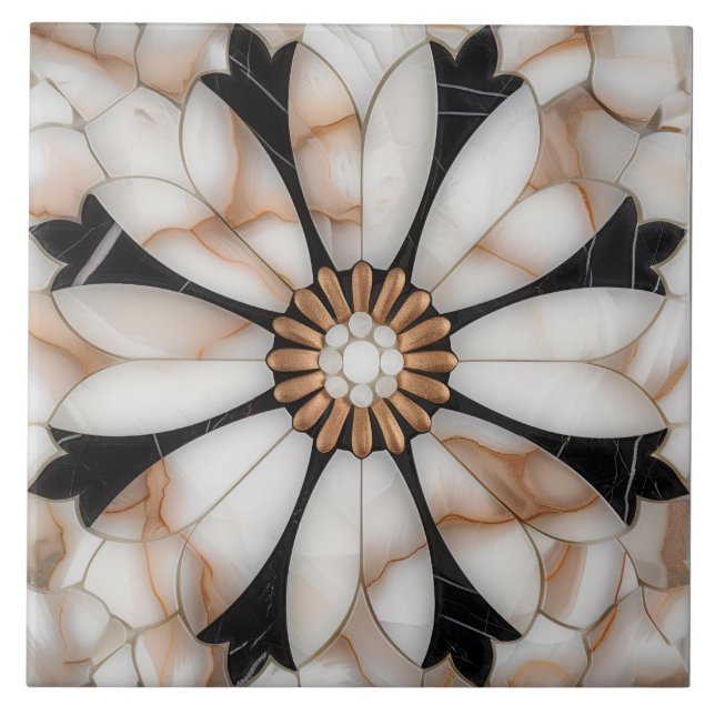 Schwarz-weißer Goldmarmor Daisy Blume Mosaik Style Fliese (Vorderseite)