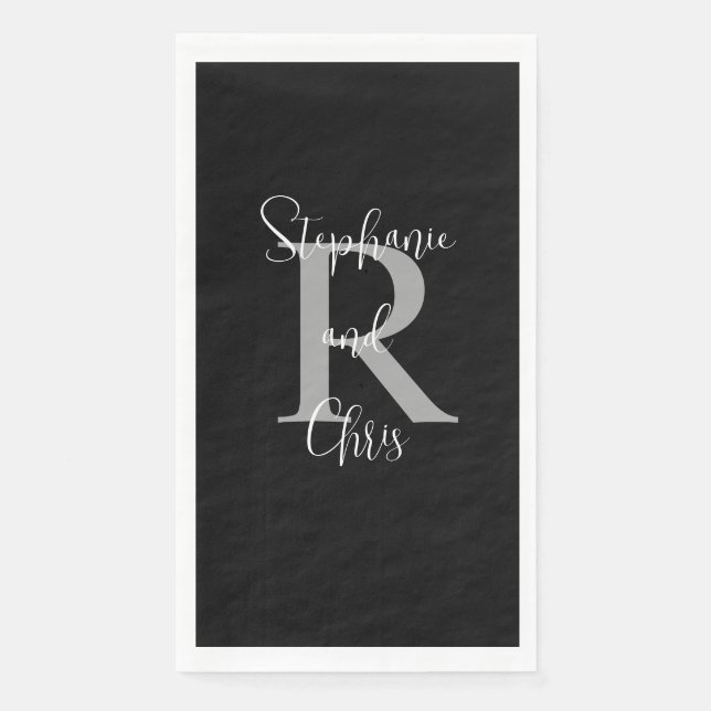 Schwarz-weißer Graue Name Monogram Handtuch Serviette (Vorderseite)
