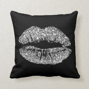 Schwarz-weißer grauer Glitzer Kiss Lips Funkelnd Kissen
