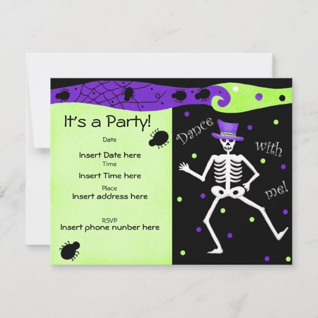 Schwarz-weißer Halloween Skelettknochentanz Einladung (Vorderseite)